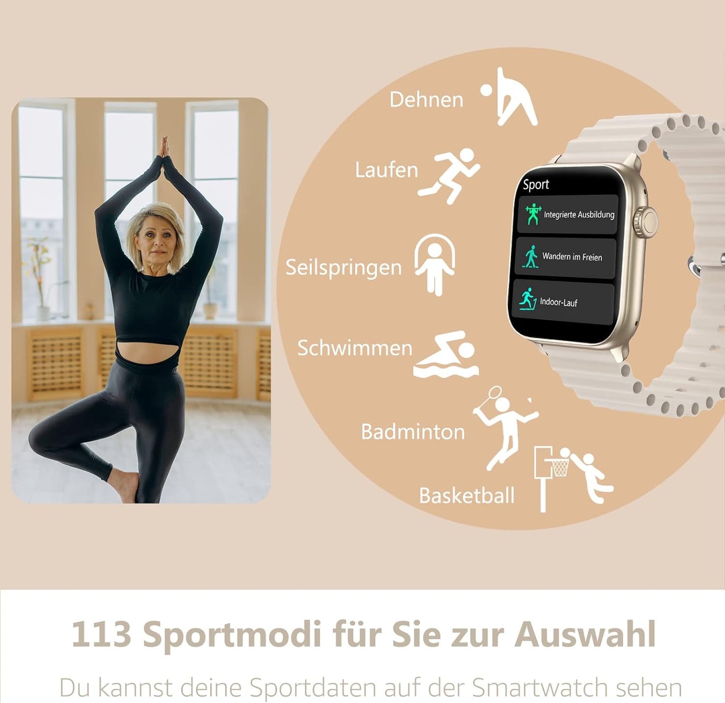 BingoFit Smartwatch Damen Herren, Smart Watch mit Telefonfunktion, 1.83" HD Touchscreen Fitness Tracker, Fitnessuhr mit Herzfrequenz/Schlafmonitor/SpO2, 113 Sportmodi Schrittzähler Uhr für Android iOS