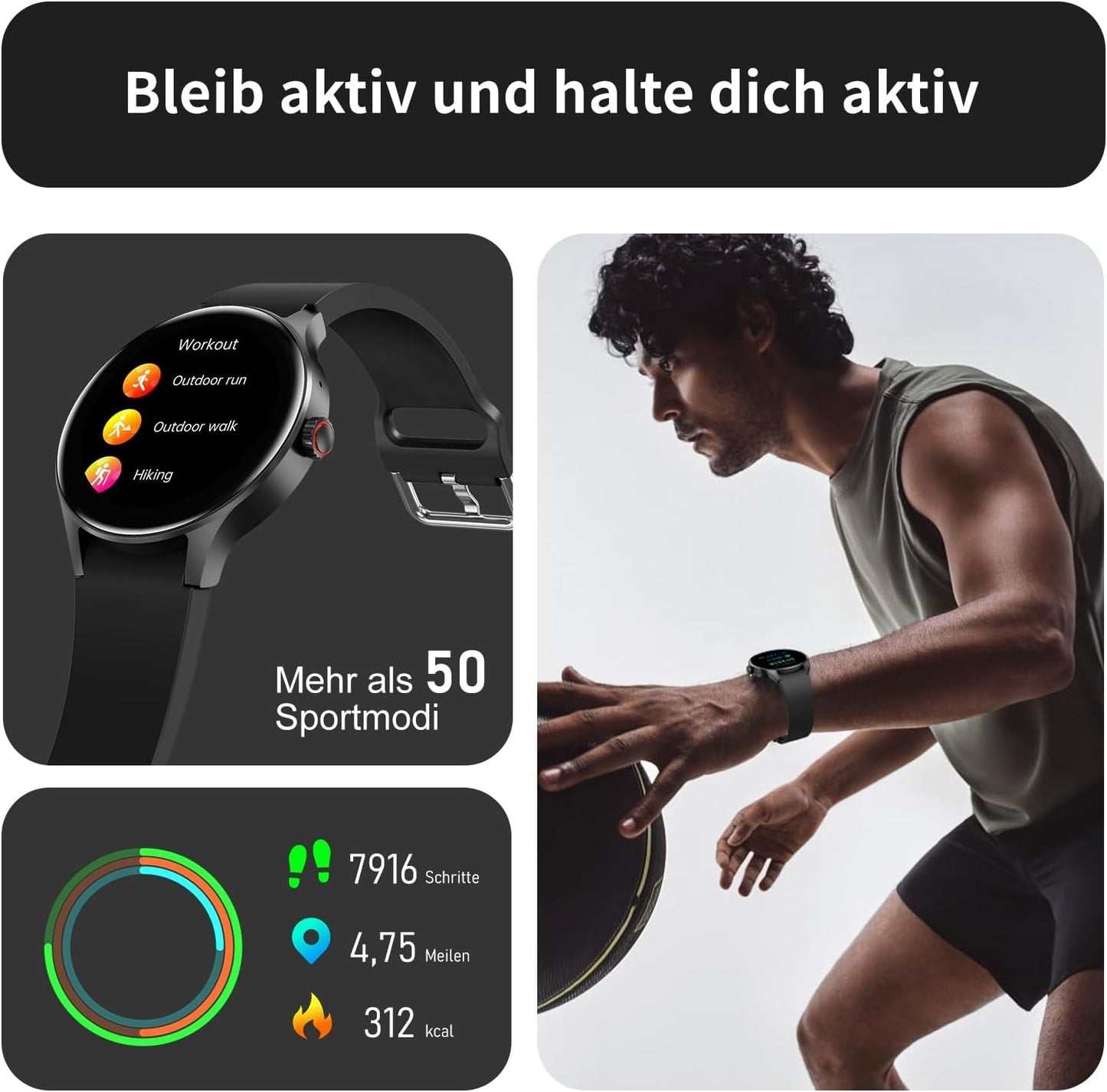 BingoFit Smartwatch Damen Herren mit Telefonfunktion,1,43'' AMOLED Touchscreen Fitnessuhr, Fitness Tracker mit Pulsuhr Schlafüberwachung Blutdruck SpO2, 50+Sportmodi Schrittzähler Uhr für Damen Herren