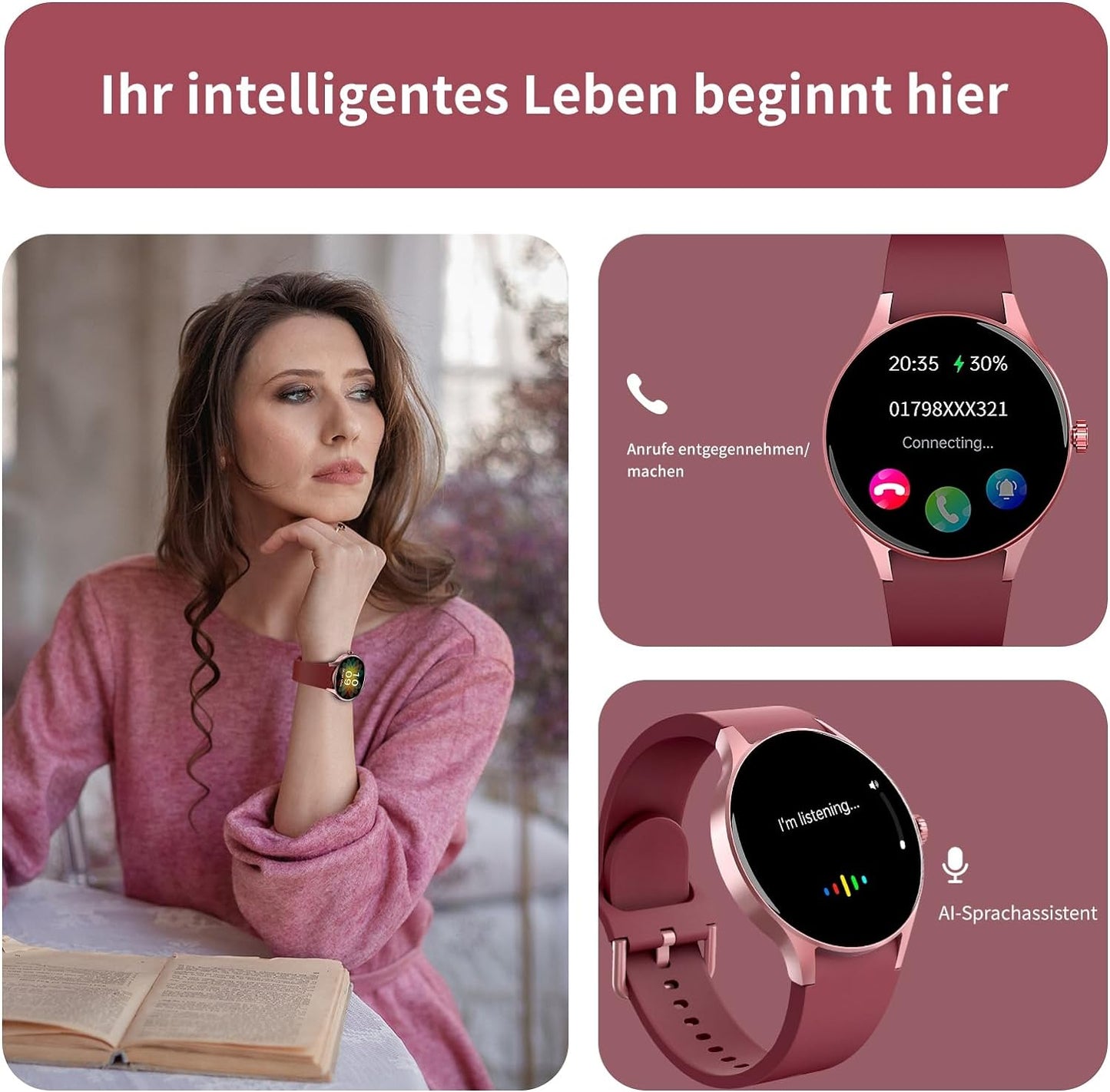 BingoFit Smartwatch Damen Herren mit Telefonfunktion,1,43'' AMOLED Touchscreen Fitnessuhr, Fitness Tracker mit Pulsuhr Schlafüberwachung Blutdruck SpO2, 50+Sportmodi Schrittzähler Uhr für Damen Herren