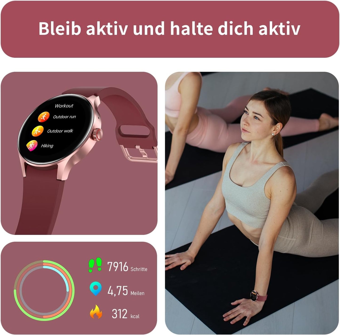 BingoFit Smartwatch Damen Herren mit Telefonfunktion,1,43'' AMOLED Touchscreen Fitnessuhr, Fitness Tracker mit Pulsuhr Schlafüberwachung Blutdruck SpO2, 50+Sportmodi Schrittzähler Uhr für Damen Herren