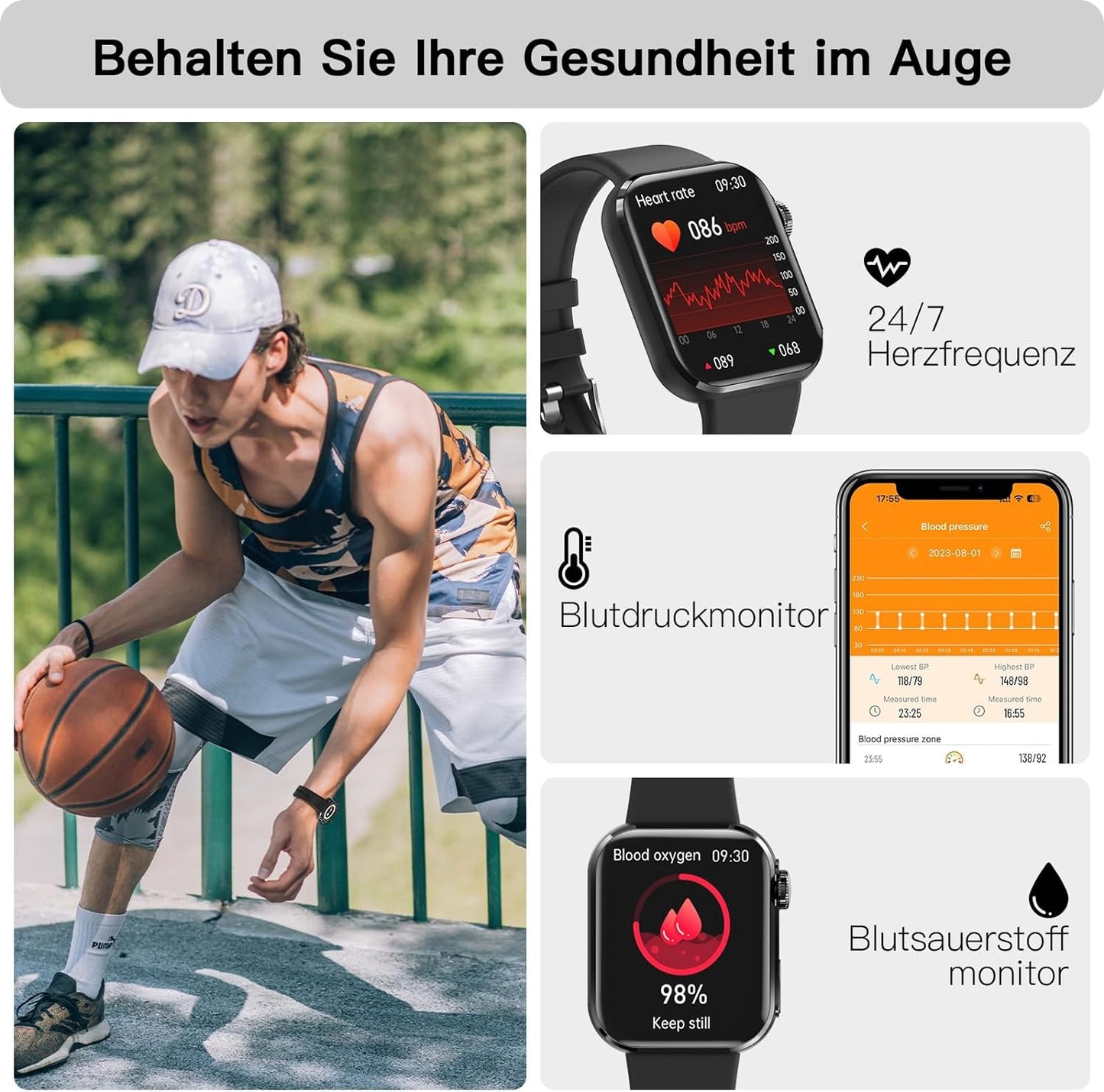 BingoFit Fitness Tracker, Smartwatch Fitnessuhr mit Telefonfunktion Pulsuhr Schlafüberwachung Blutdruck Blutsauerstoff,1,95'' HD-Farbdisplay Schrittzähler Uhr, 20+Sportmodi Smartwatch für Damen Herren
